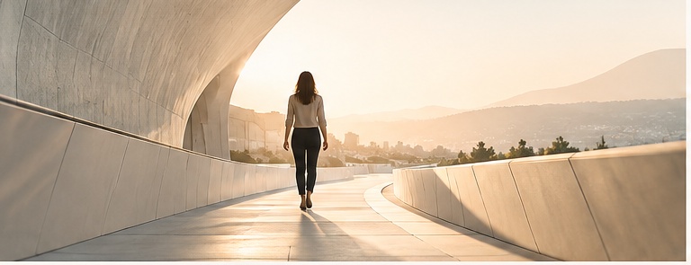 Une femme avance dans une architecture lumineuse